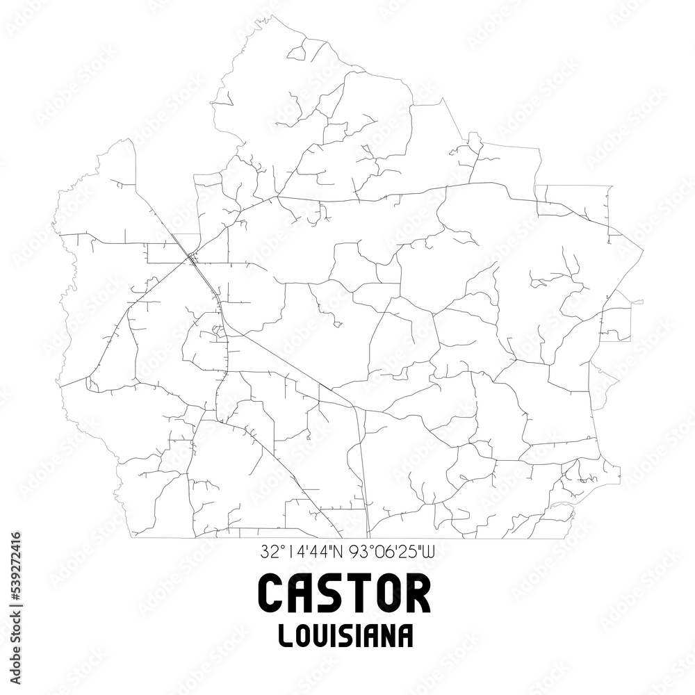 Castor Louisiana. US street map with black and white lines.