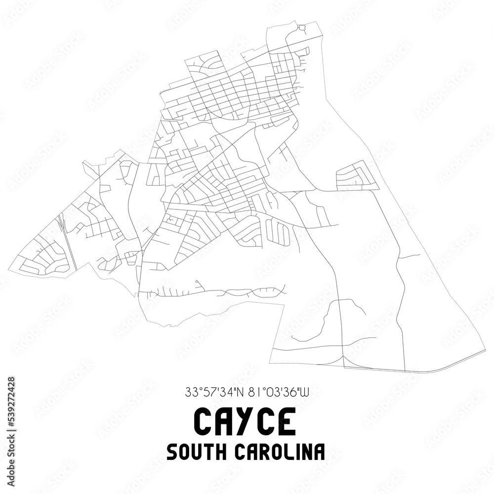 Cayce South Carolina. US street map with black and white lines.