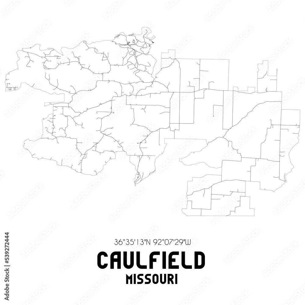 Caulfield Missouri. US street map with black and white lines.