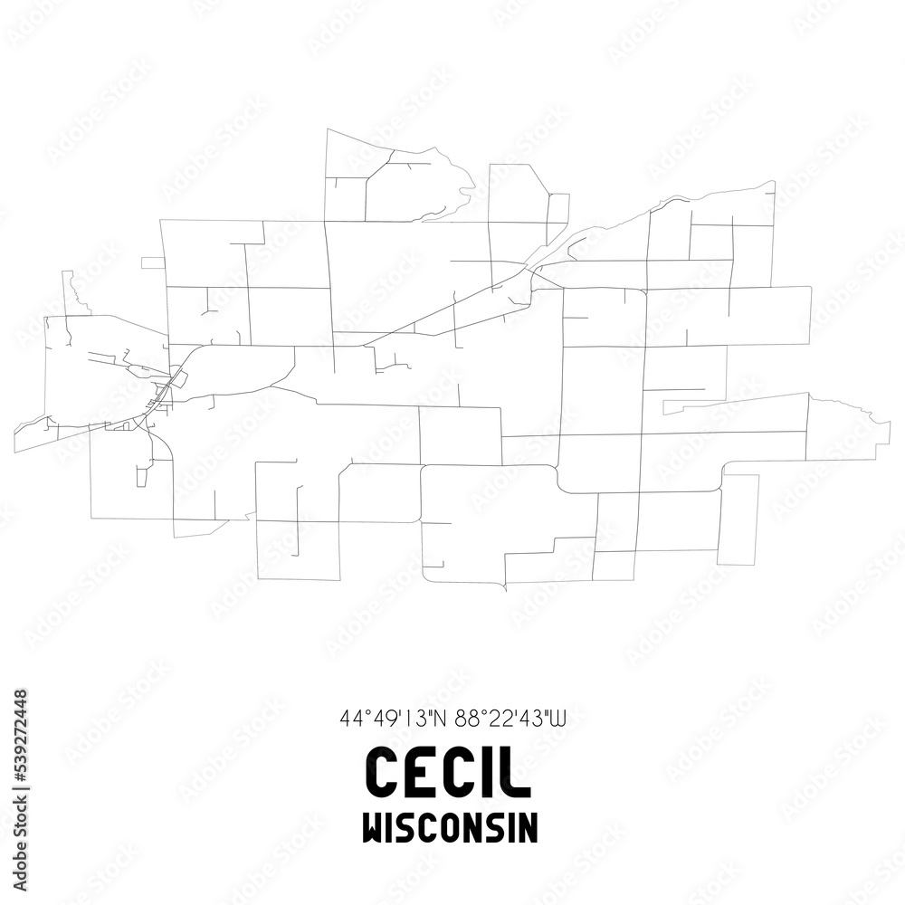 Cecil Wisconsin. US street map with black and white lines. Cecil Wisconsin. US street map with black and white lines.