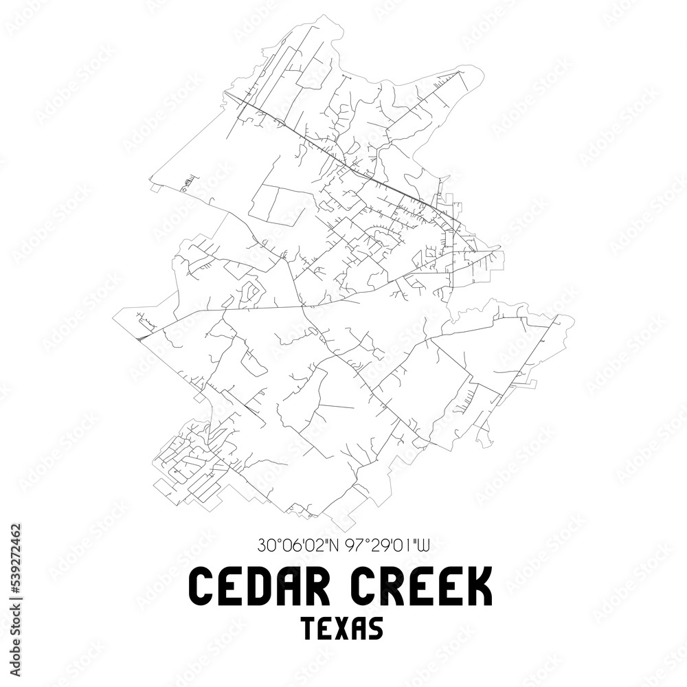 Cedar Creek Texas. US street map with black and white lines.