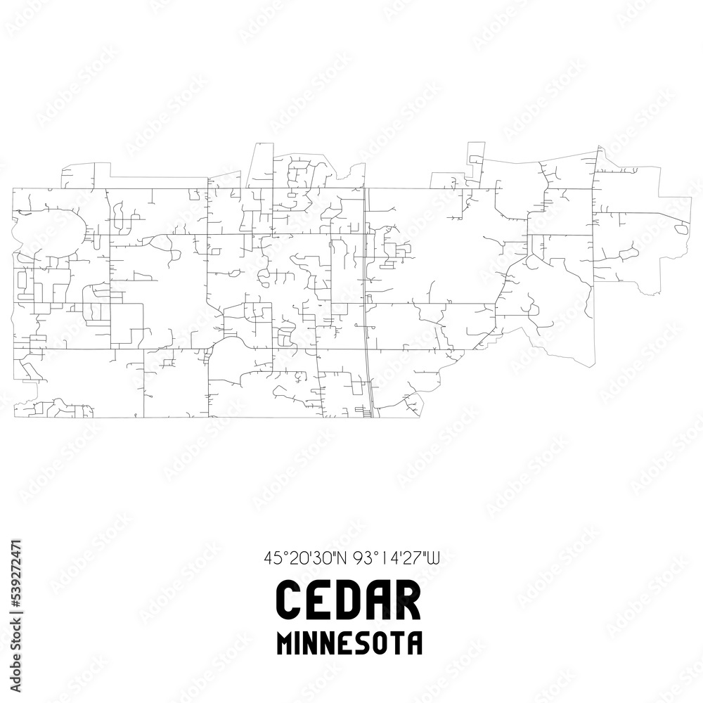 Cedar Minnesota. US street map with black and white lines.