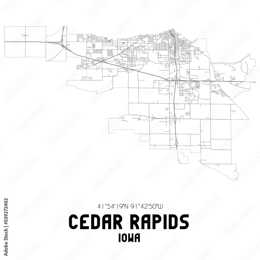 Cedar Rapids Iowa. US street map with black and white lines.