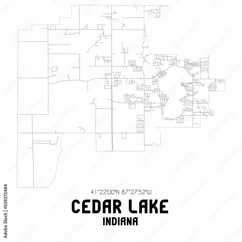 Cedar Lake Indiana. US street map with black and white lines.