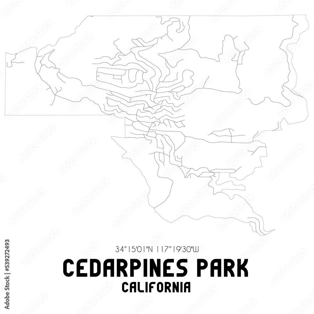 Cedarpines Park California. US street map with black and white lines.