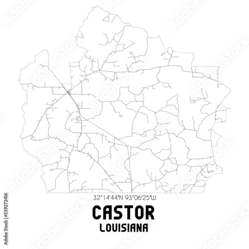 Castor Louisiana. US street map with black and white lines.