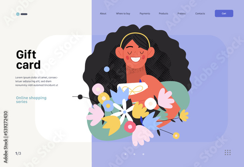 Gift card -Online shopping and electronic commerce web template - modern flat vector illustration of woman taking gift card from a bunch of flowers. Promotion, discounts, sale, online orders concept