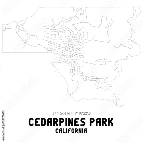 Cedarpines Park California. US street map with black and white lines.