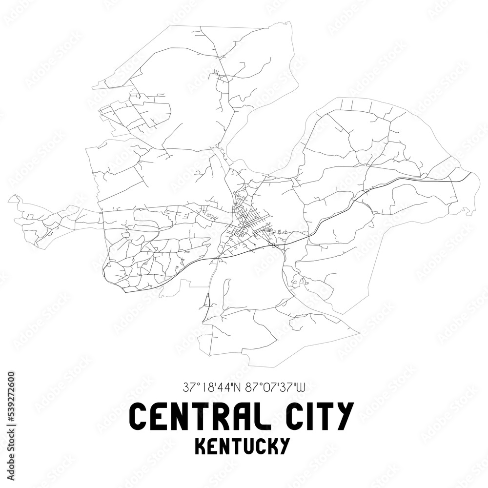 Central City Kentucky. US street map with black and white lines.