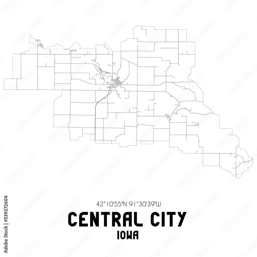 Central City Iowa. US street map with black and white lines.
