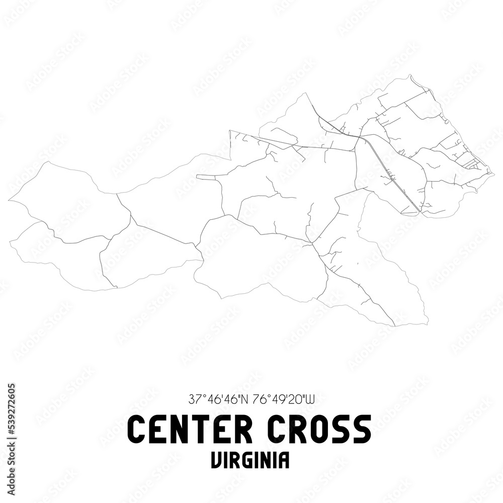 Center Cross Virginia. US street map with black and white lines.