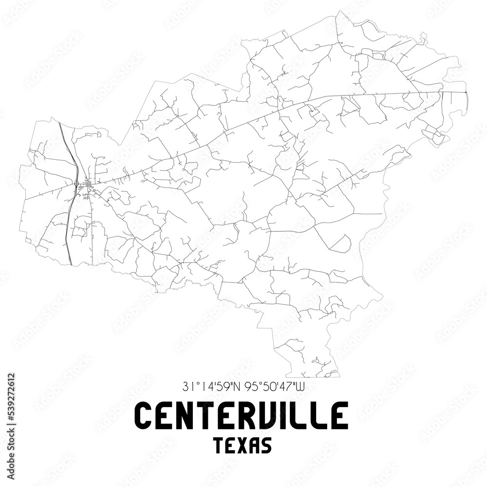 Centerville Texas. US street map with black and white lines.