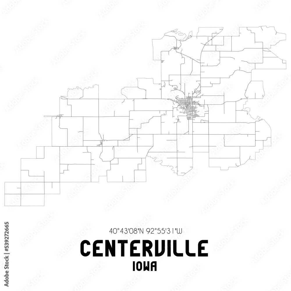 Centerville Iowa. US street map with black and white lines. Centerville Iowa. US street map with black and white lines.