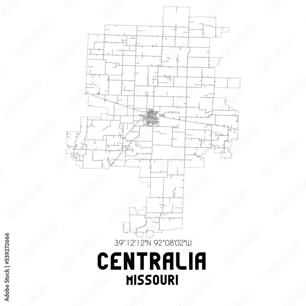 Centralia Missouri. US street map with black and white lines. Centralia Missouri. US street map with black and white lines.
