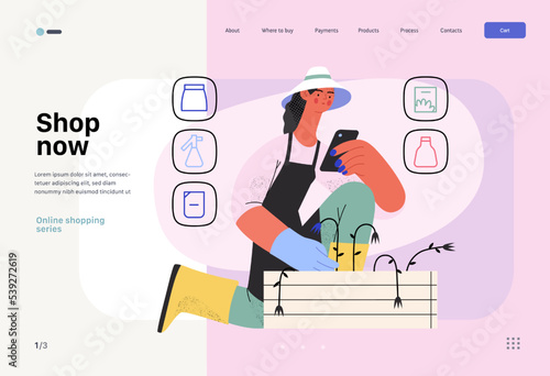 Shop now - Online shopping and electronic commerce web template - modern flat vector concept illustration of a woman gardening and shopping online. Promotion, discounts, sale and online orders concept