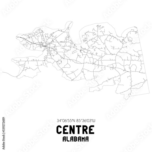 Centre Alabama. US street map with black and white lines.