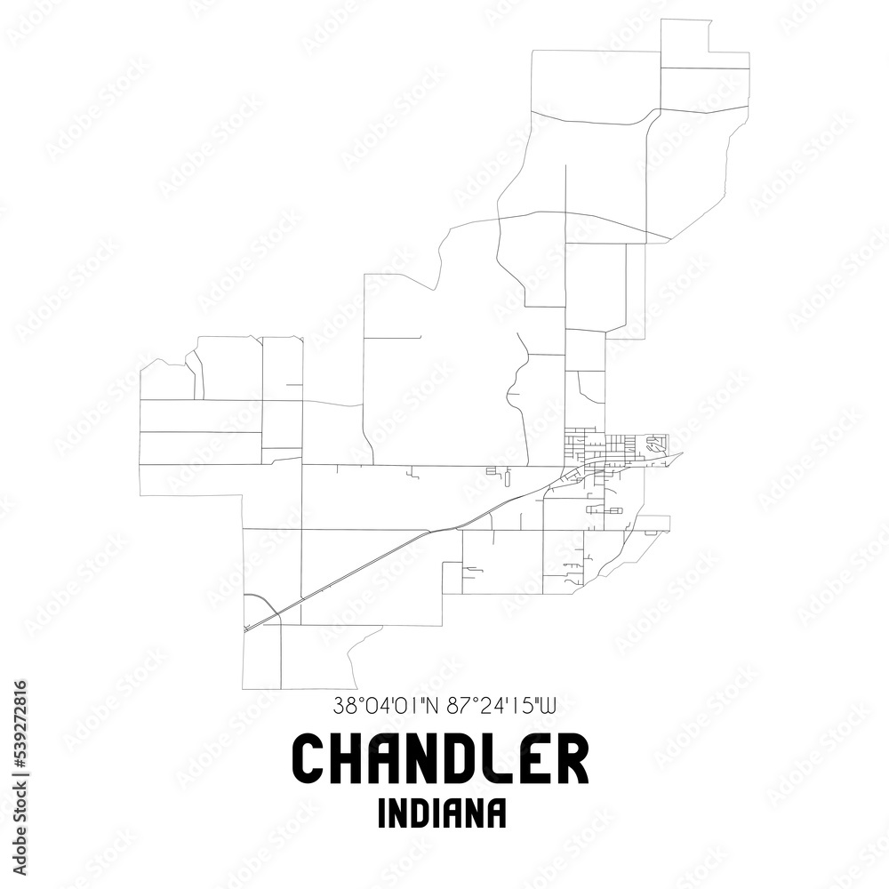 Chandler Indiana. US street map with black and white lines.