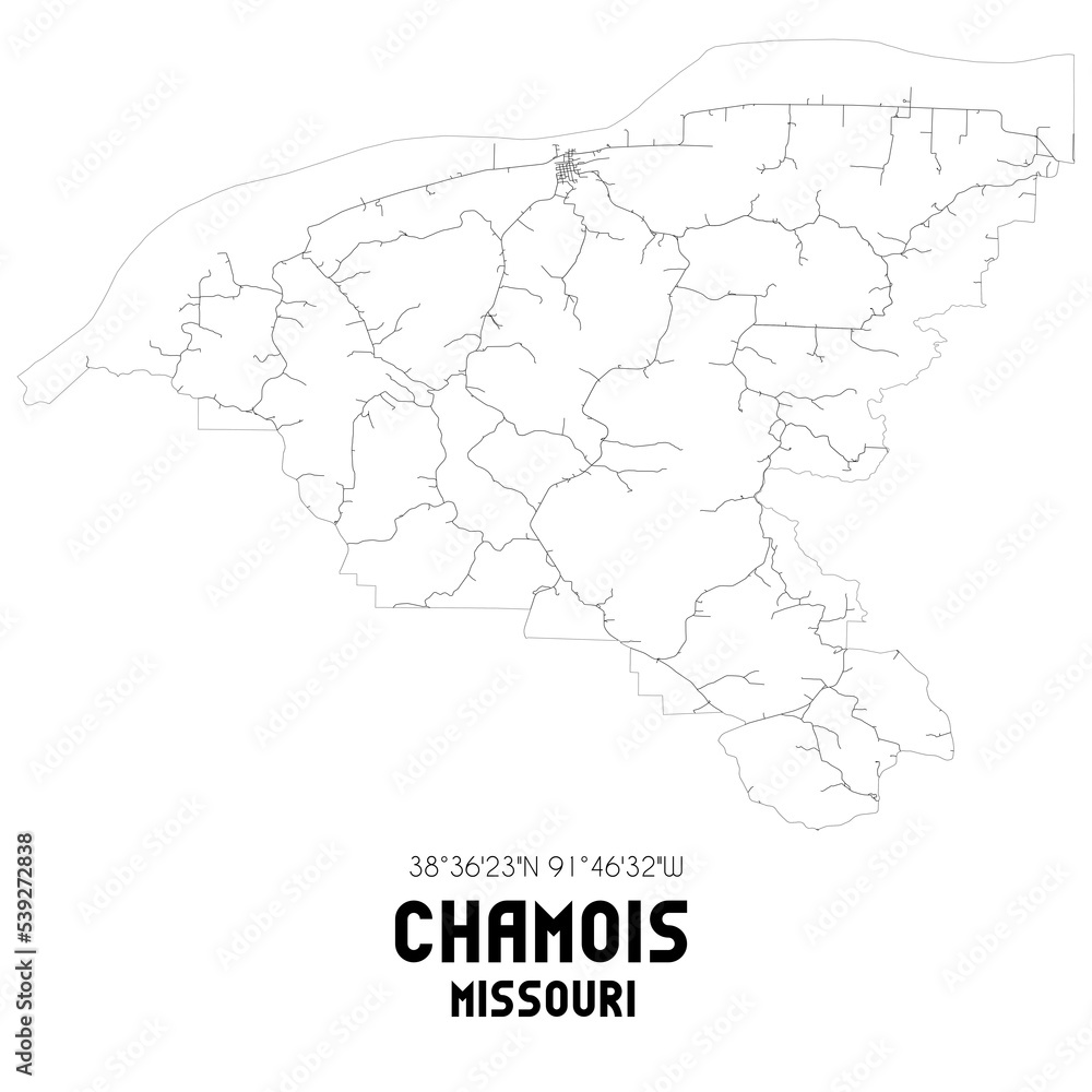 Chamois Missouri. US street map with black and white lines.