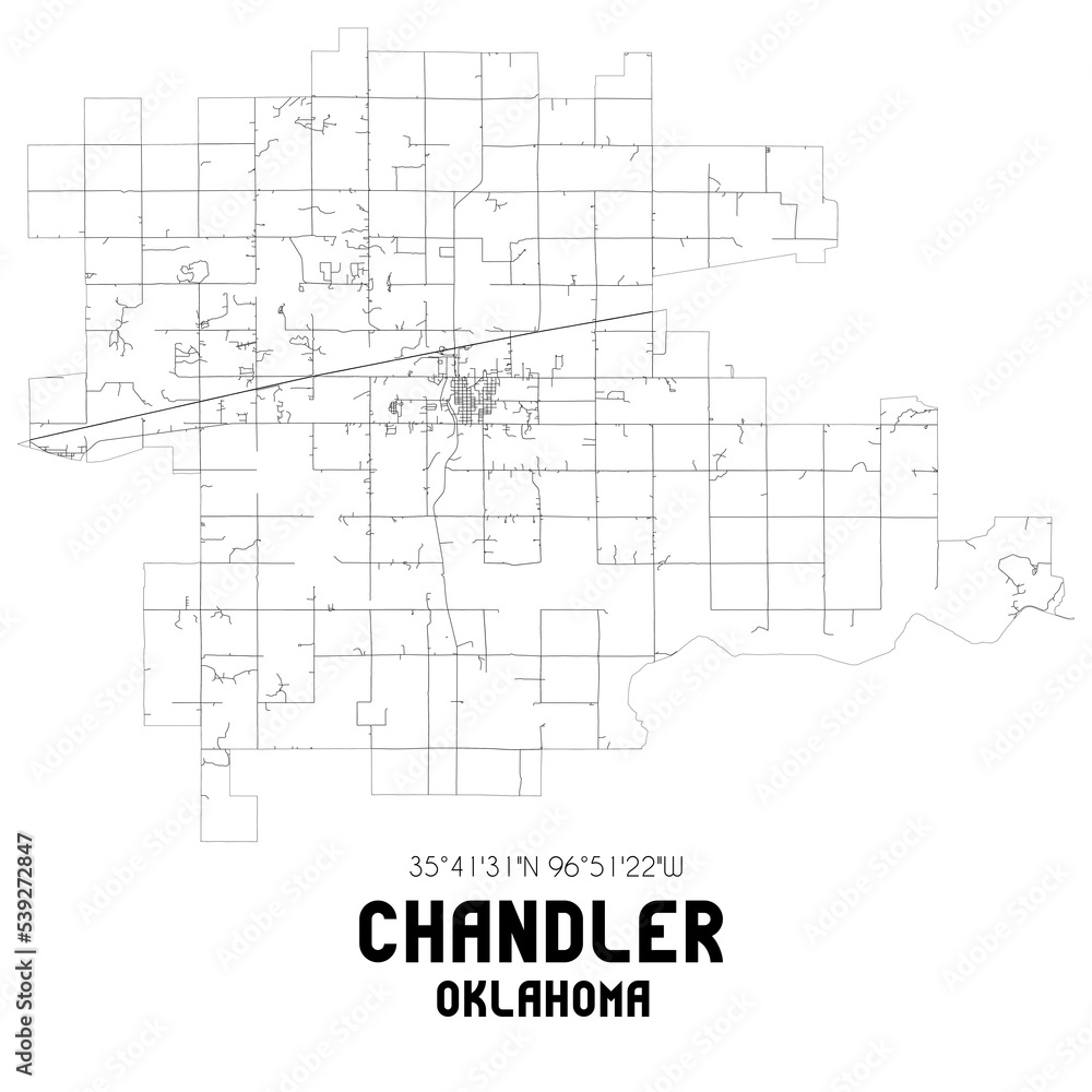 Chandler Oklahoma. US street map with black and white lines.