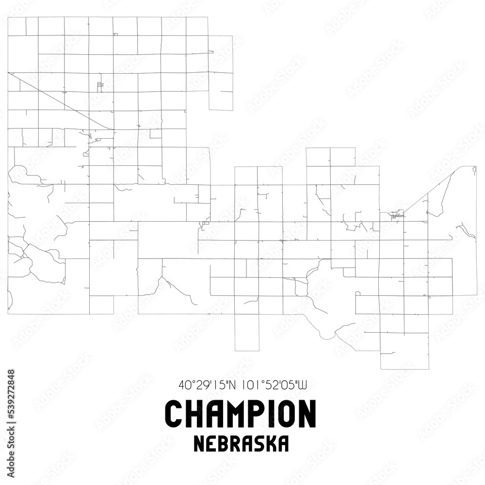 Champion Nebraska. US street map with black and white lines.