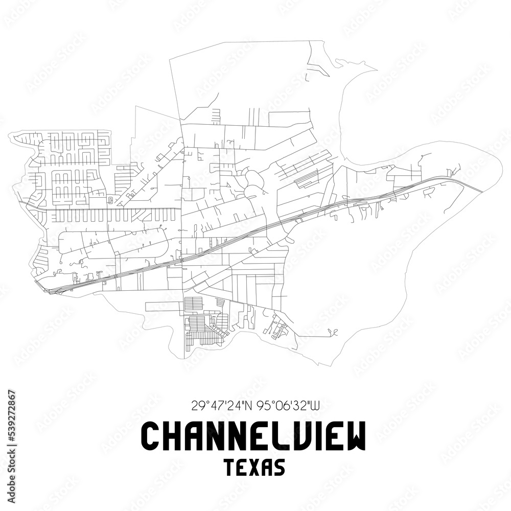 Channelview Texas. US street map with black and white lines.