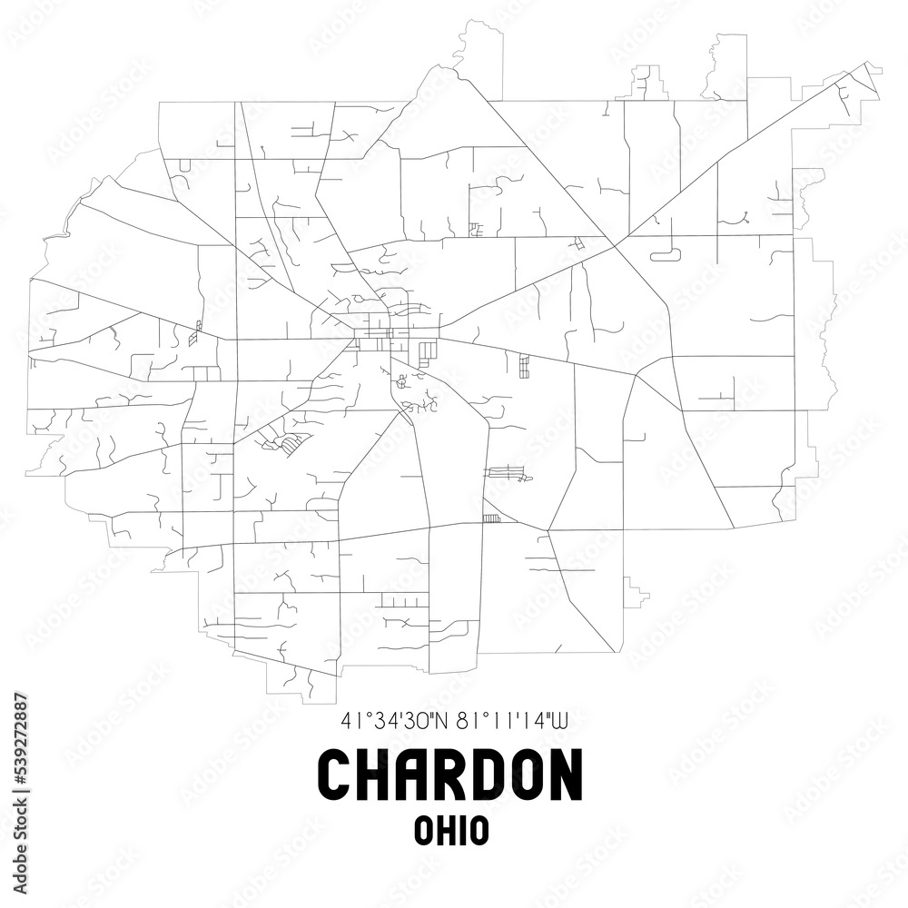 Chardon Ohio. US street map with black and white lines.