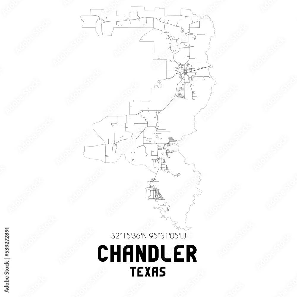 Chandler Texas. US street map with black and white lines.