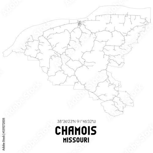 Chamois Missouri. US street map with black and white lines.