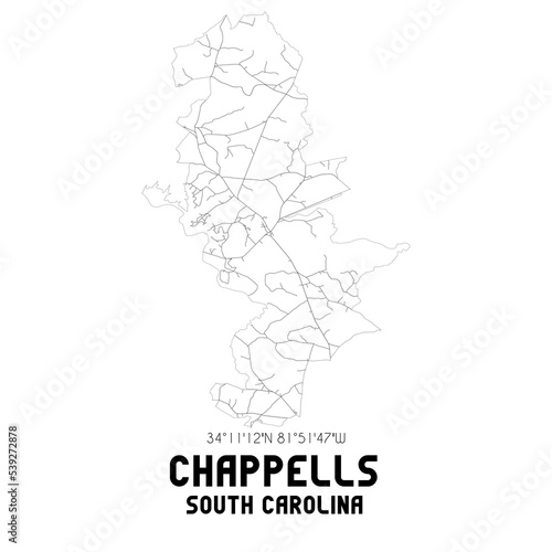 Chappells South Carolina. US street map with black and white lines.
