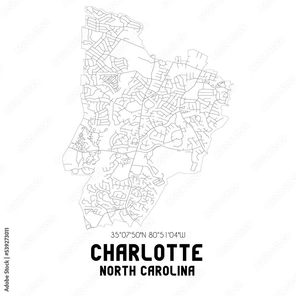 Charlotte North Carolina. US street map with black and white lines.