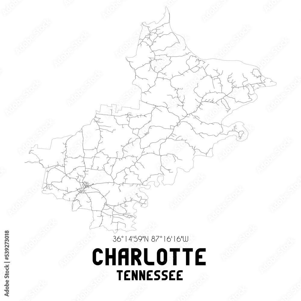 Charlotte Tennessee. US street map with black and white lines.