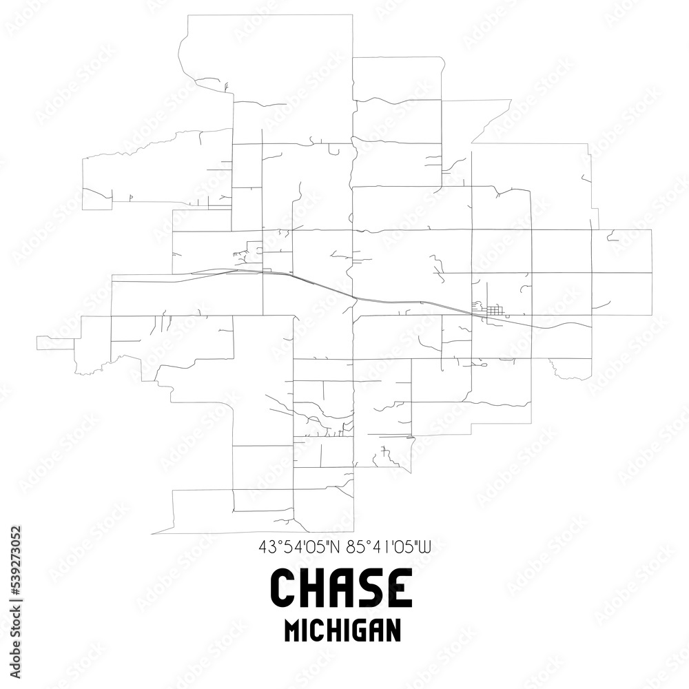 Chase Michigan. US street map with black and white lines.