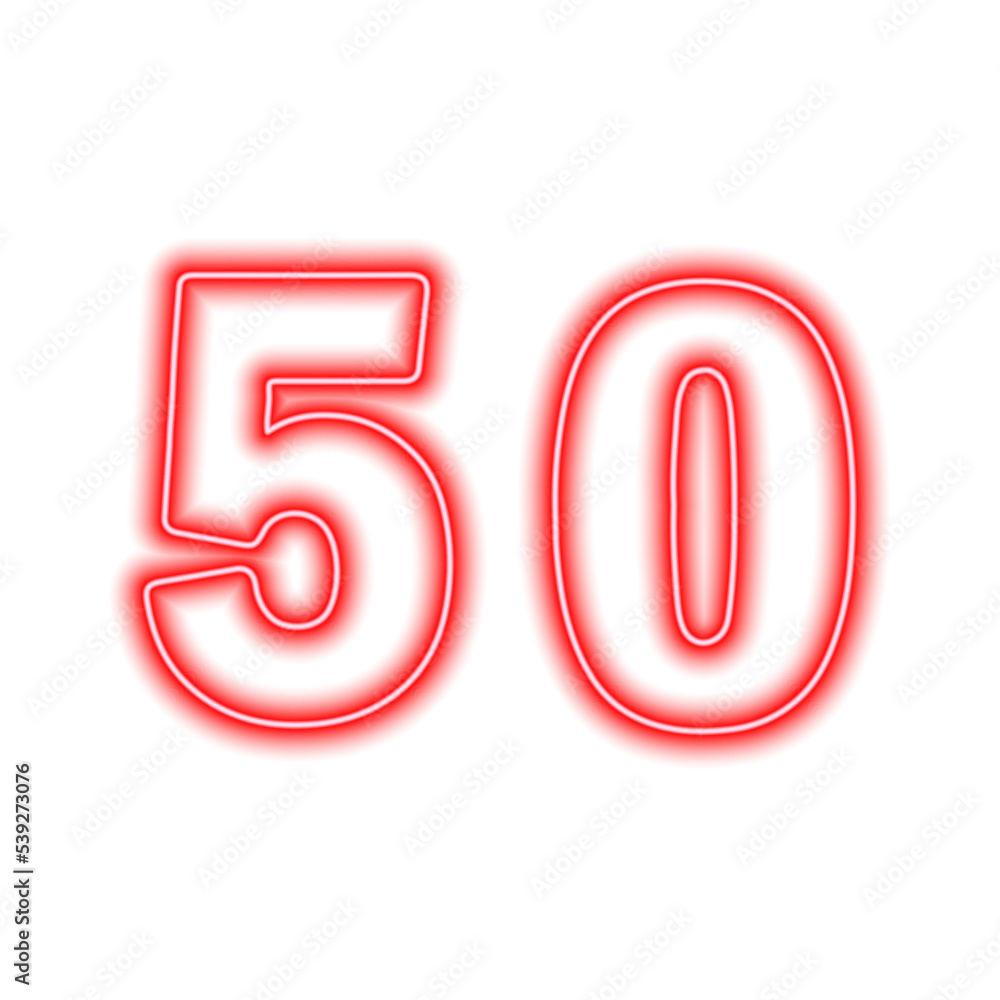 Neon red number 50 isolated on white. Serial number, price, place Neon red number 50 isolated on white. Serial number, price, place