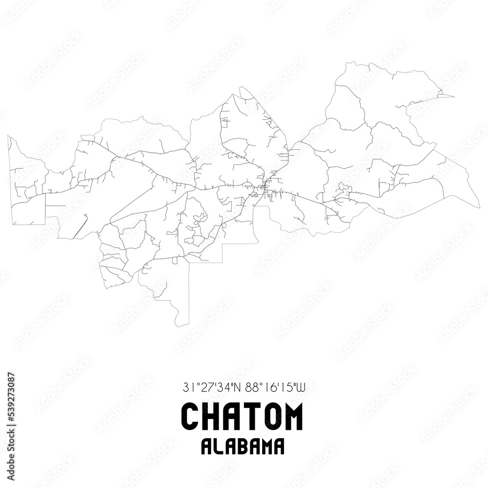 Chatom Alabama. US street map with black and white lines.