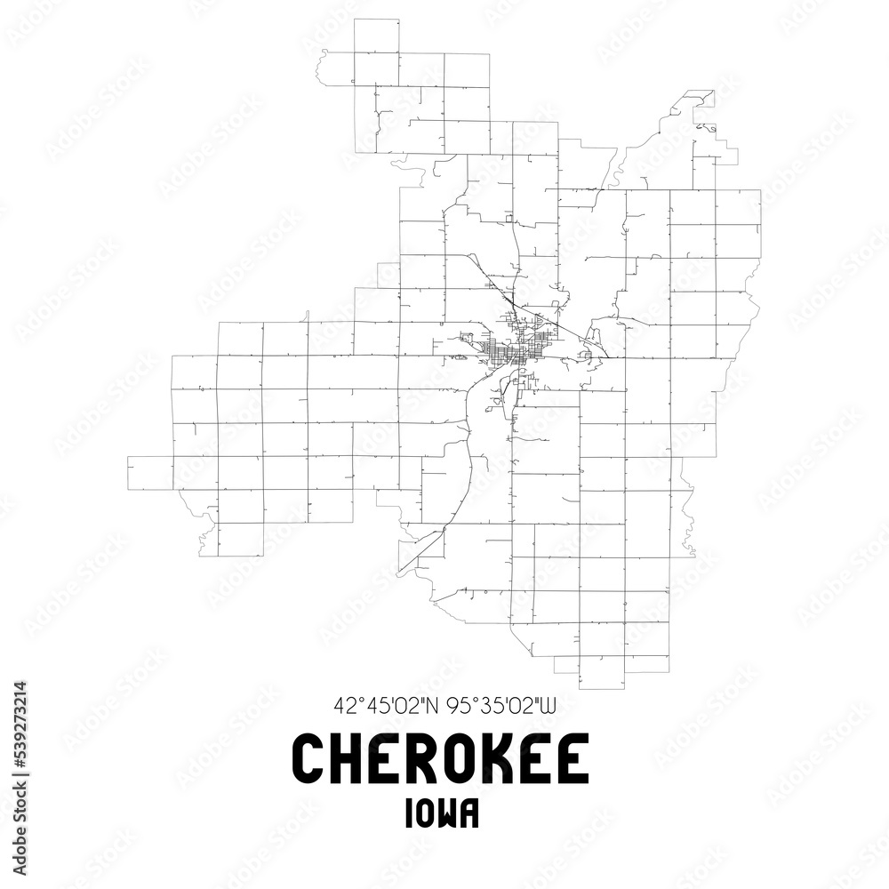 Cherokee Iowa. US street map with black and white lines.