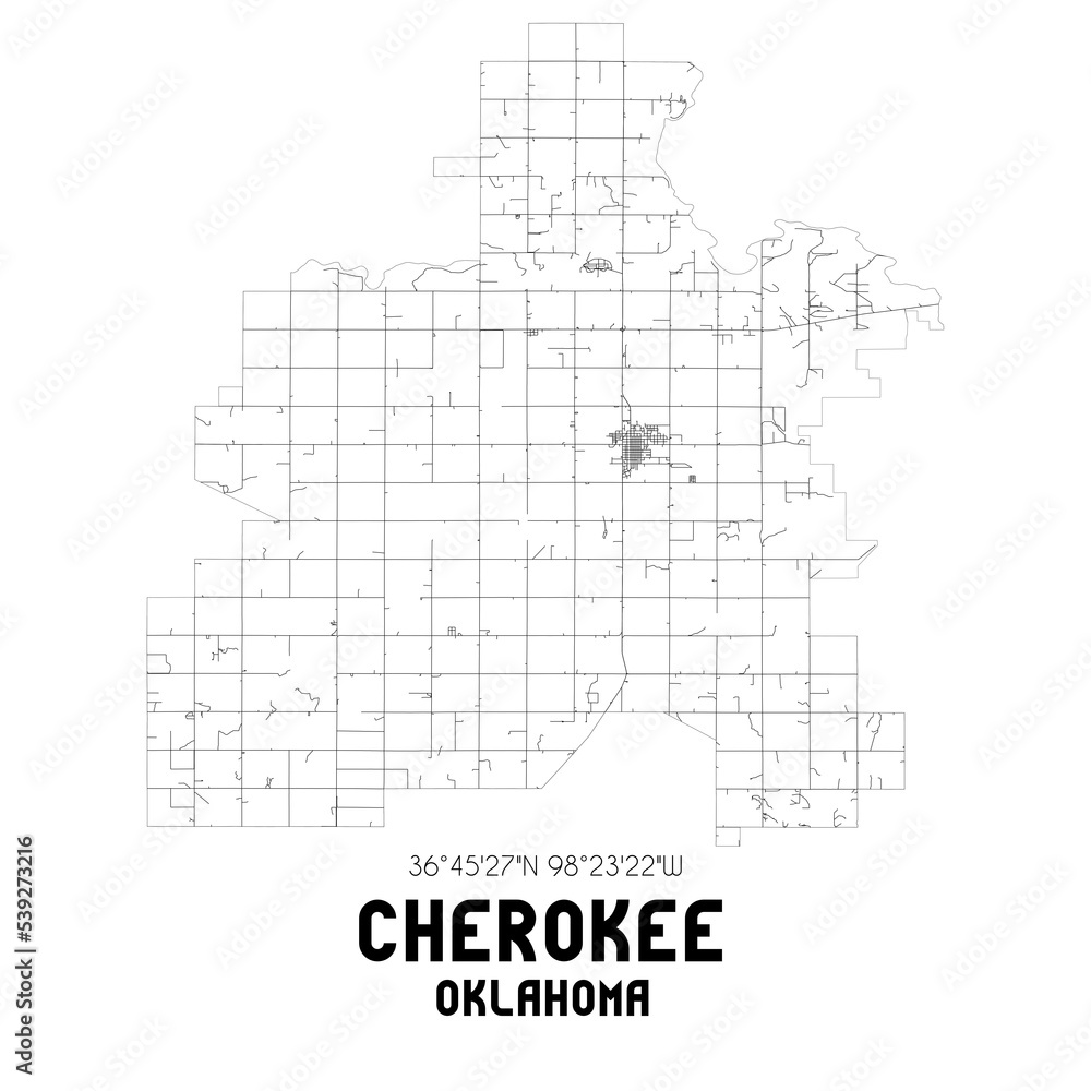 Cherokee Oklahoma. US street map with black and white lines.