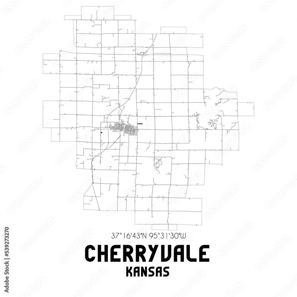 Cherryvale Kansas. US street map with black and white lines.