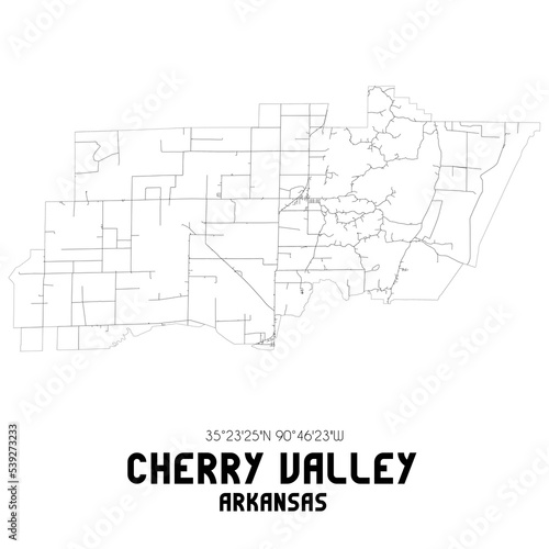 Cherry Valley Arkansas. US street map with black and white lines.