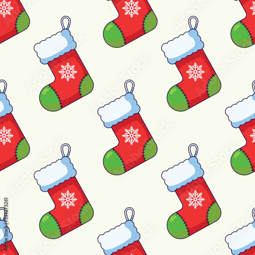 Simple vector seamless pattern of cartoon Christmas sock on beige background for textile, wallpapers, wrappers, postcard. Merry Christmas and Happy New Year concept
