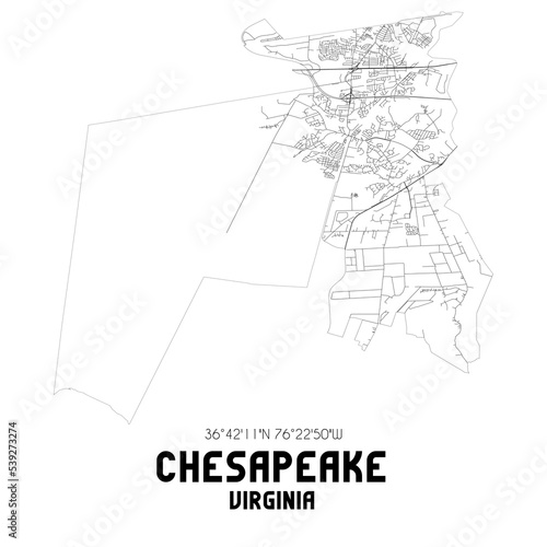 Chesapeake Virginia. US street map with black and white lines.