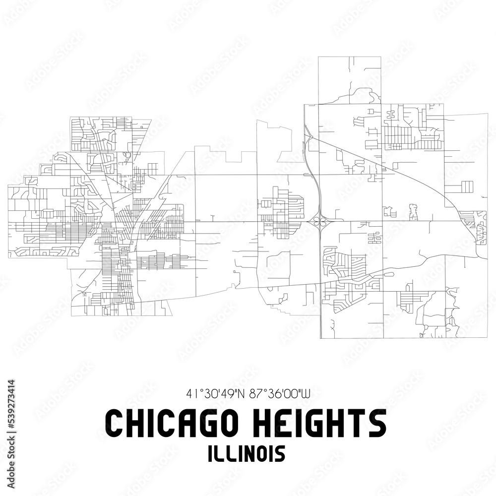 Chicago Heights Illinois. US street map with black and white lines.
