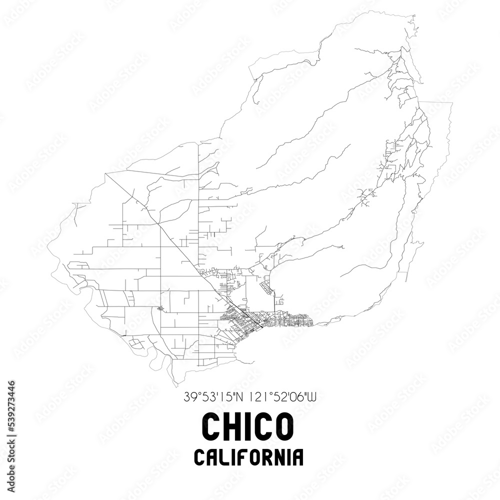 Chico California. US street map with black and white lines.