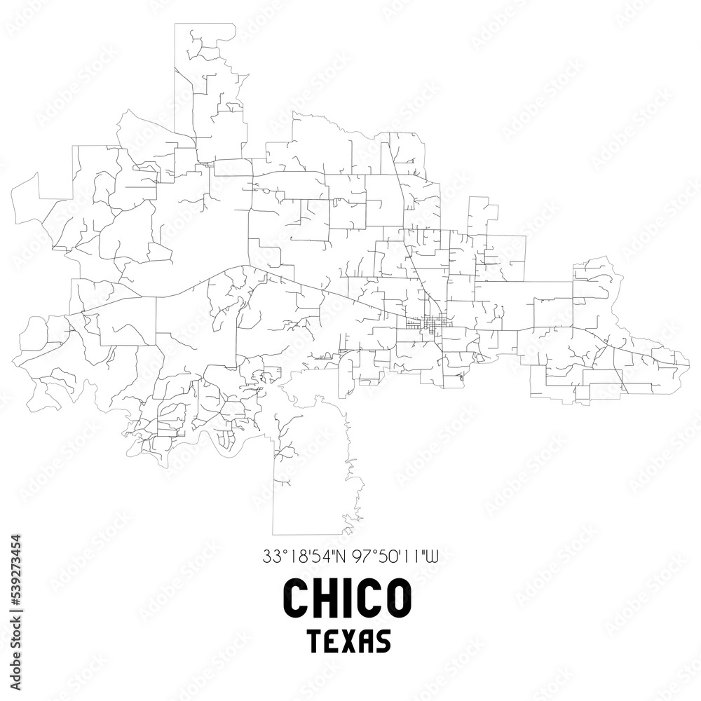 Chico Texas. US street map with black and white lines.