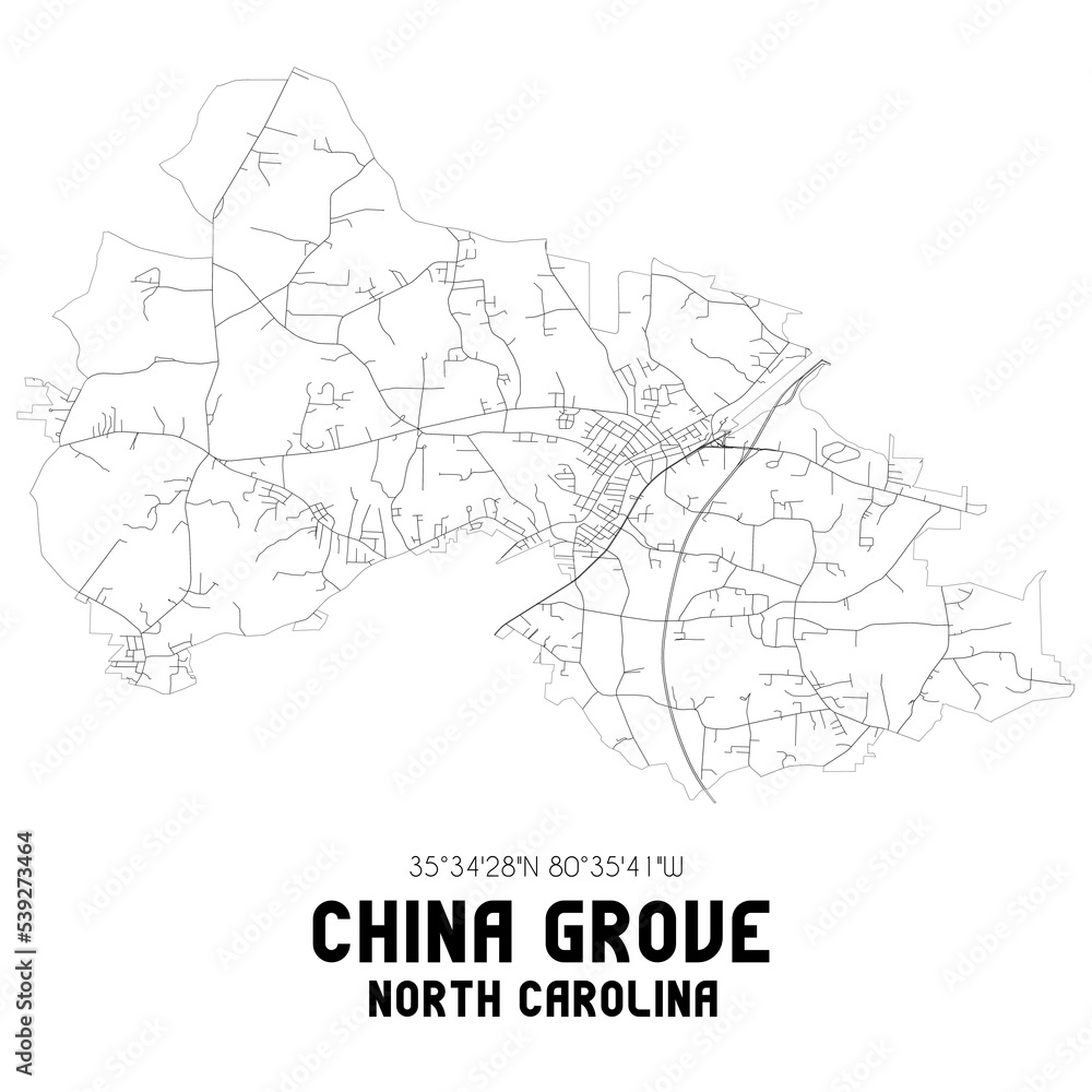 China Grove North Carolina. US street map with black and white lines.