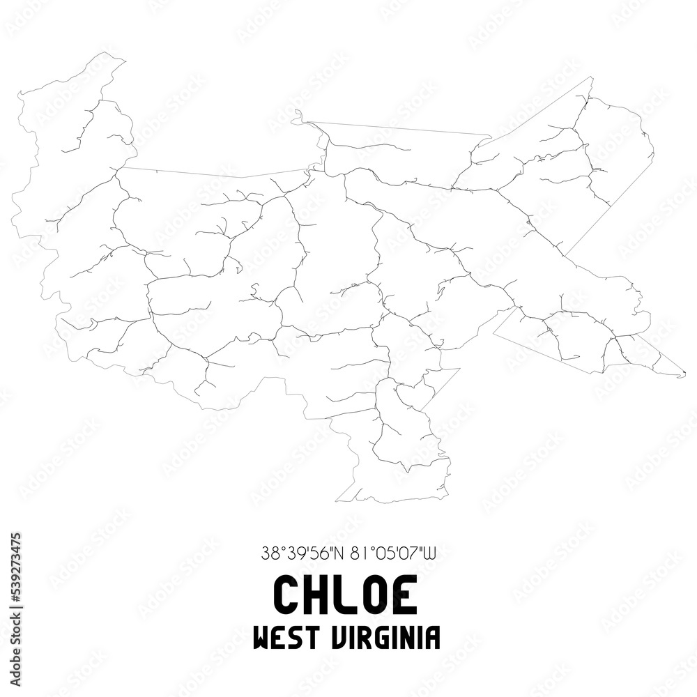 Chloe West Virginia. US street map with black and white lines.