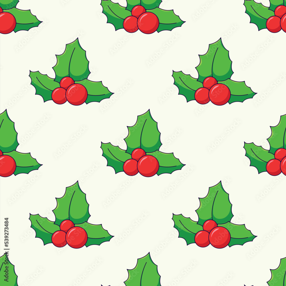Fototapeta premium Simple vector seamless pattern of cartoon mistletoe on beige background for textile, wallpapers, wrappers, postcard. Merry Christmas and Happy New Year concept