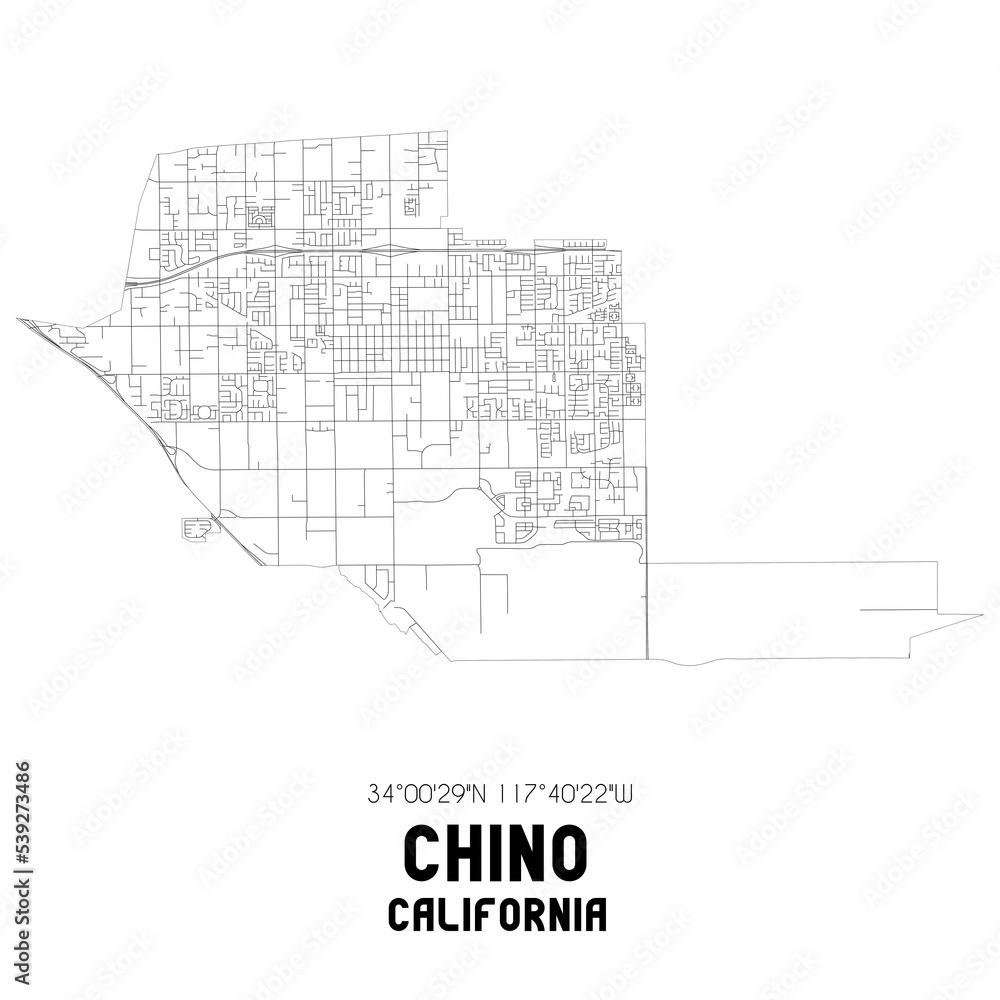 Chino California. US street map with black and white lines.