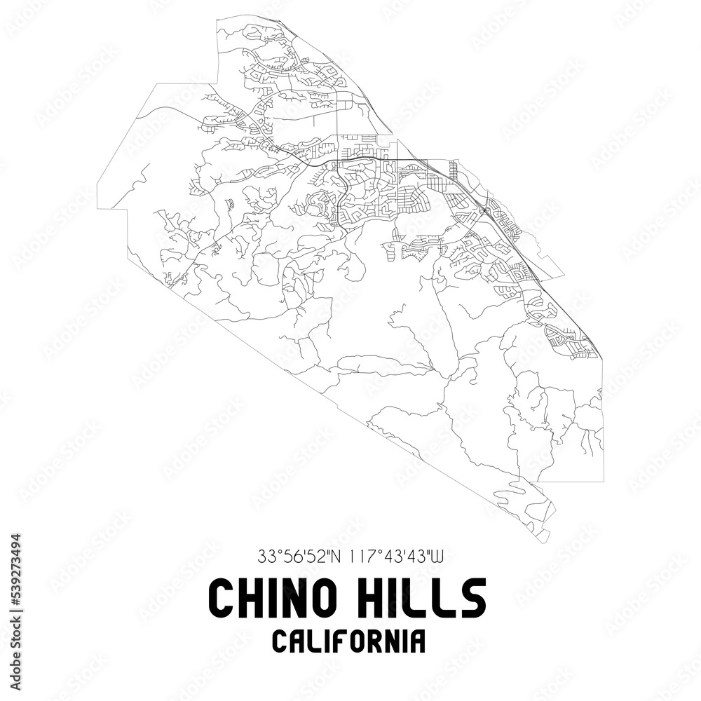 Chino Hills California. US street map with black and white lines. Stock