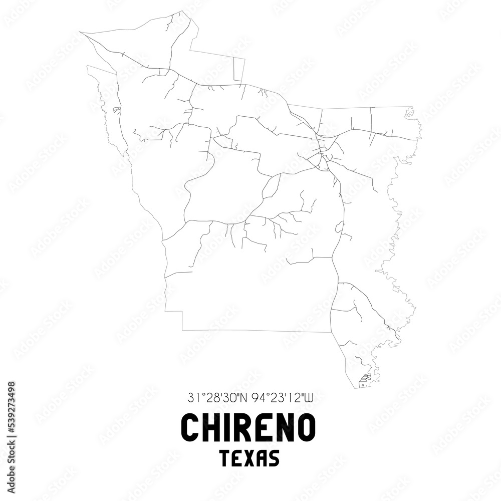 Chireno Texas. US street map with black and white lines.