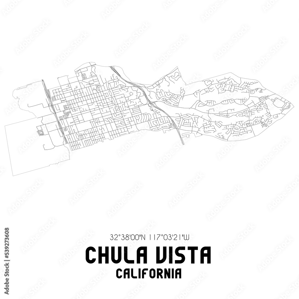 Chula Vista California. US street map with black and white lines. Stock